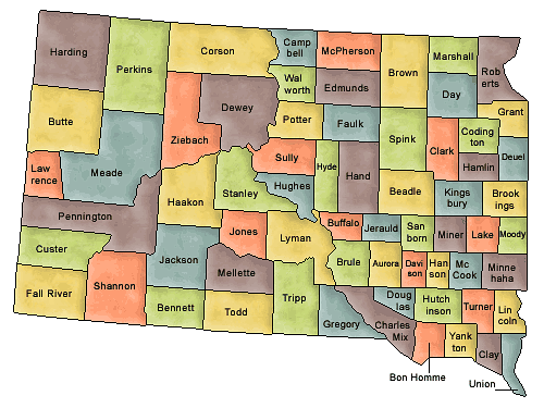Carte des comtés Dakota du Sud