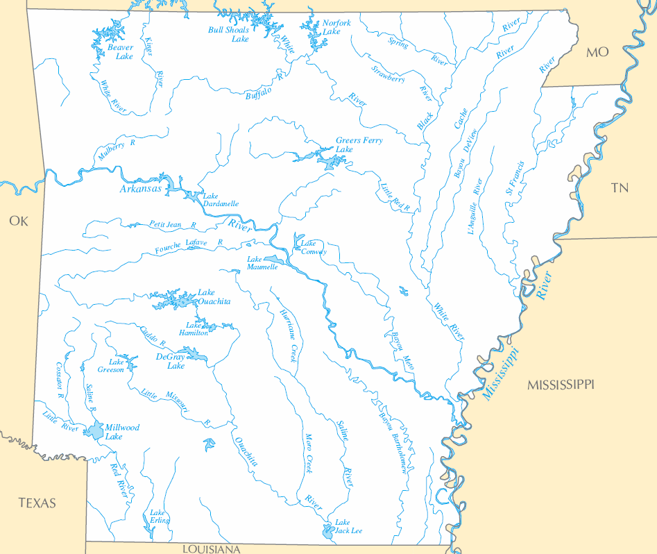 Carte rivières et lacs Arkansas