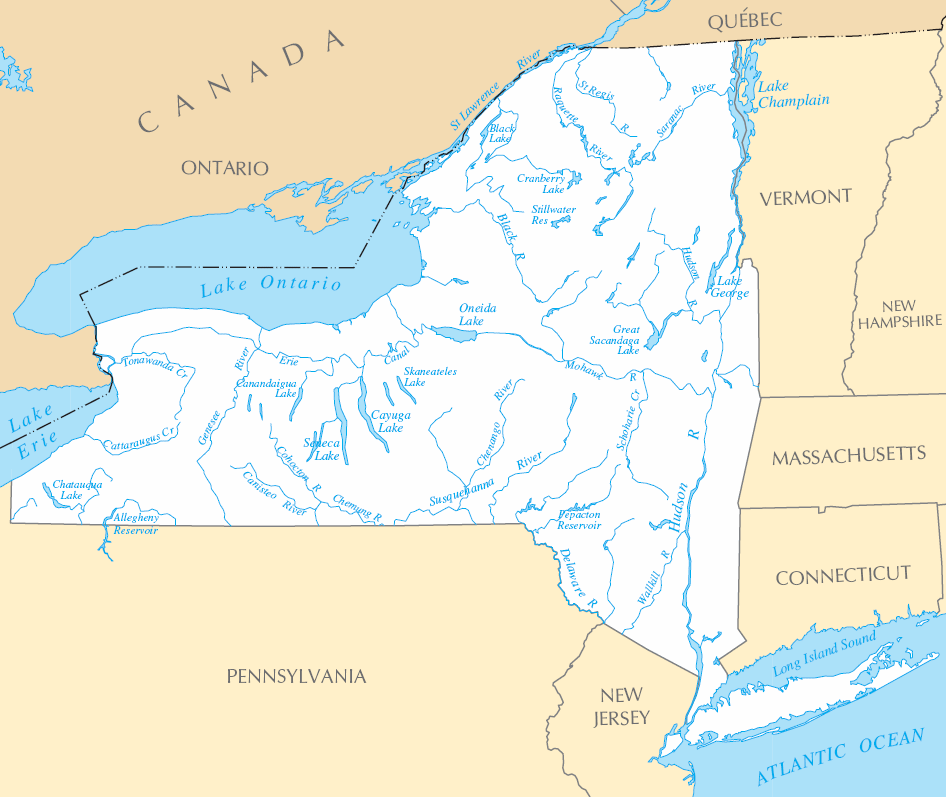 Carte rivières et lacs New York