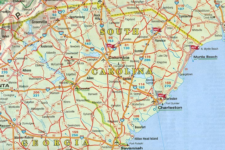 Carte routiere Caroline du Sud