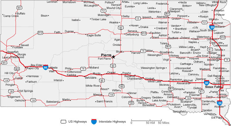 Carte routiere Dakota du Sud