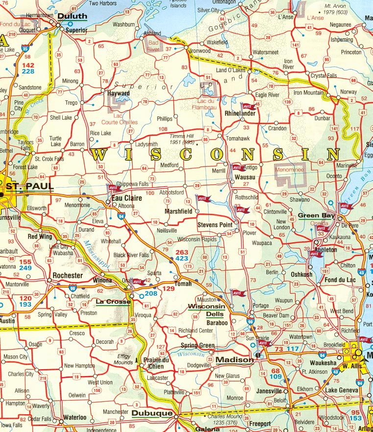 Carte routiere Wisconsin