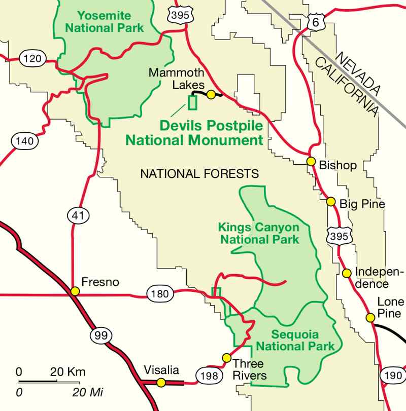 Carte d'accès au Devils Postpile National Monument
