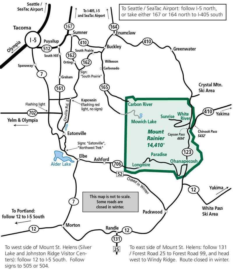Carte des routes d'accès au Mount Rainier National Park