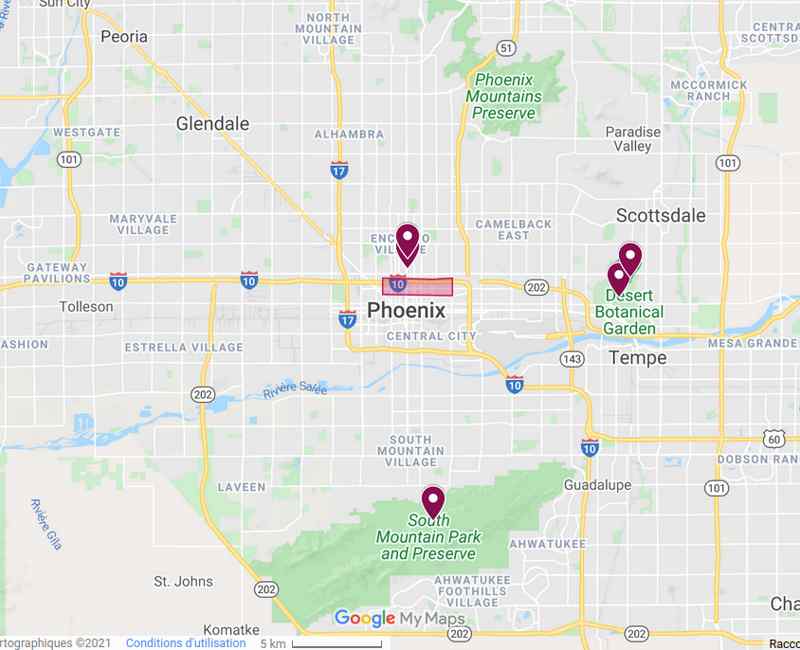 Carte des lieux à visiter à Phoenix