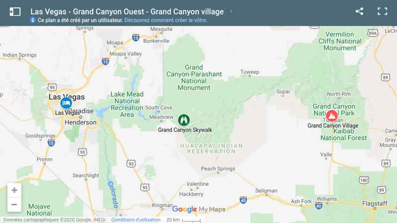 Carte distance entre Las Vegas, Grand Canyon West et Grand Canyon South Rim