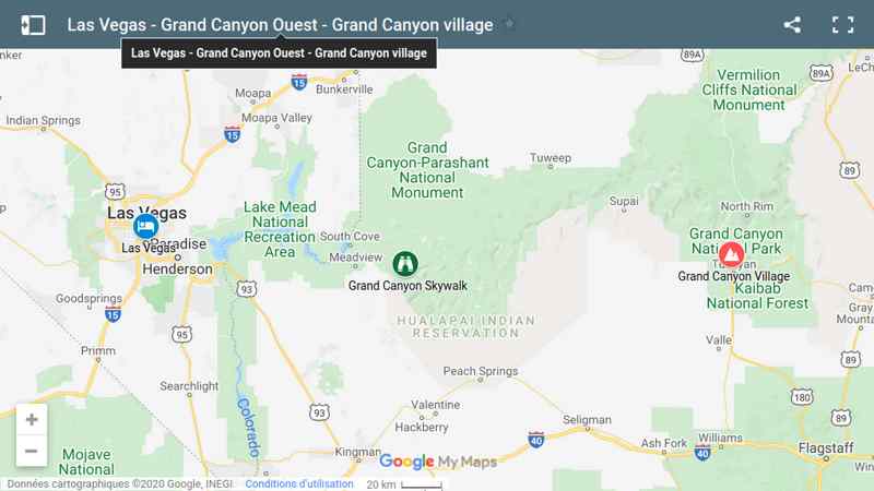 Carte distance Las Vegas, Grand Canyon West et Grand Canyon village