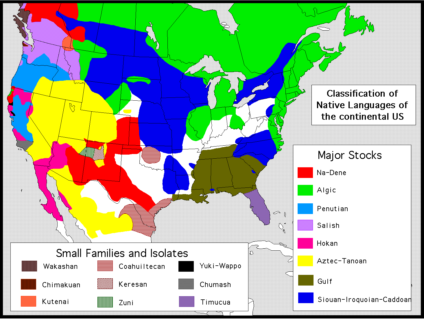 Carte des familles linguistiques Amérindiennes