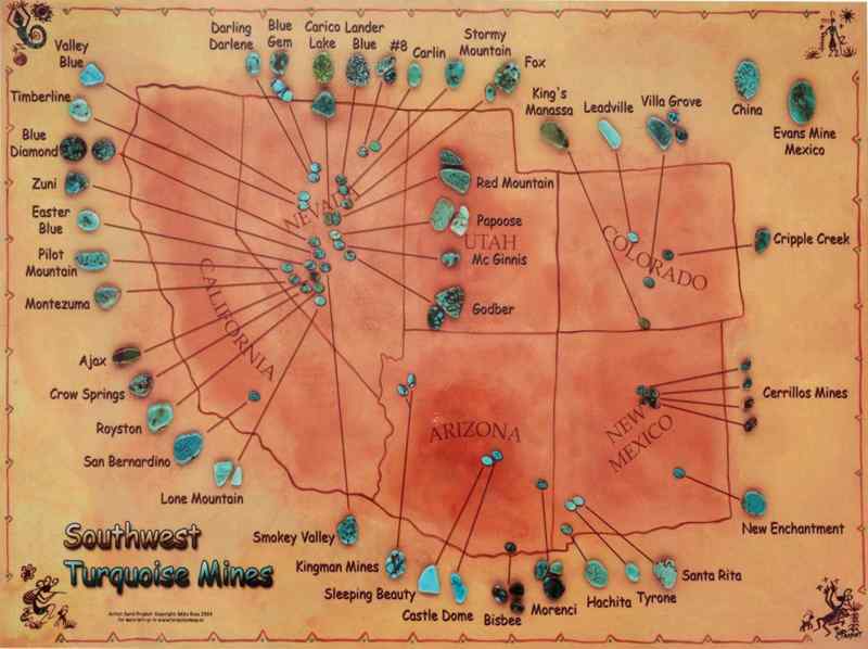 Carte de localisation des principales mines de turquoise aux USA