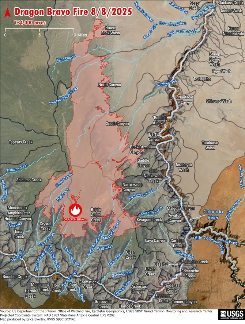 Carte de l'incendie Dragon Bravo au Grand Canyon North Rim au 8/8/2025