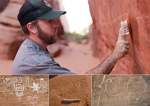 ranger qui enlève un graffiti à l'aide d'une brosse