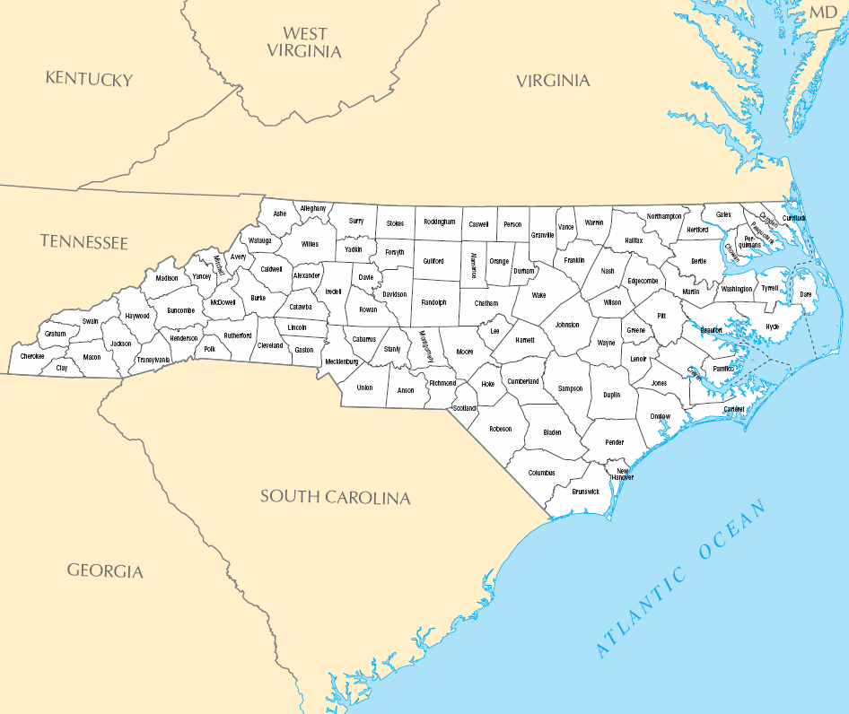 Carte des comtés Caroline du Nord