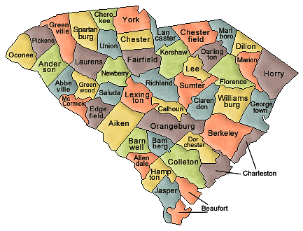 Carte des comtés Caroline du Sud