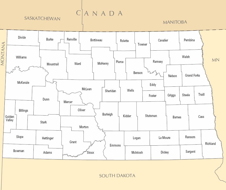 Carte des comtés Dakota du Nord