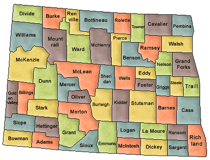 Carte des comtés Dakota du Nord