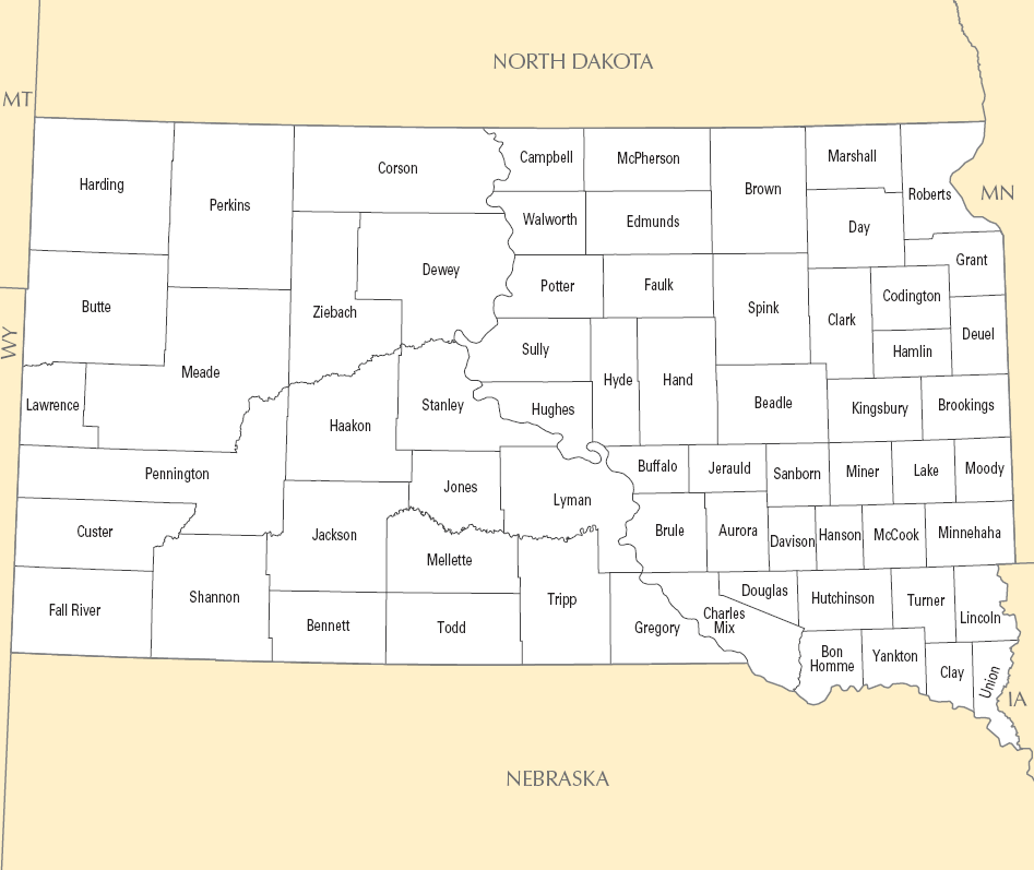 Carte des comtés Dakota du Sud