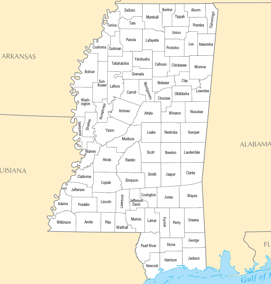 Carte des comtés Mississippi