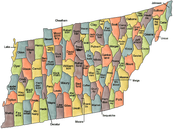 Carte des comtés Tennessee