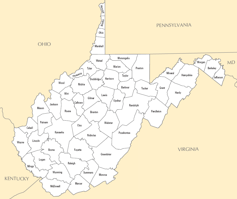 Carte des comtés Virginie-Occidentale