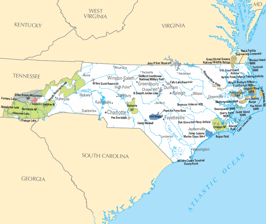 Carte détaillée Caroline du Nord