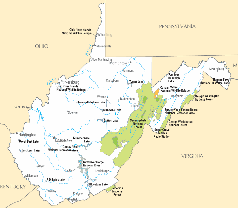 Carte détaillée Virginie-Occidentale