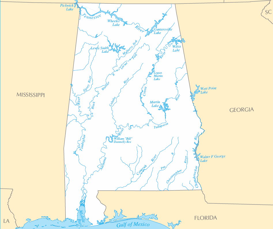 Carte rivières et lacs Alabama