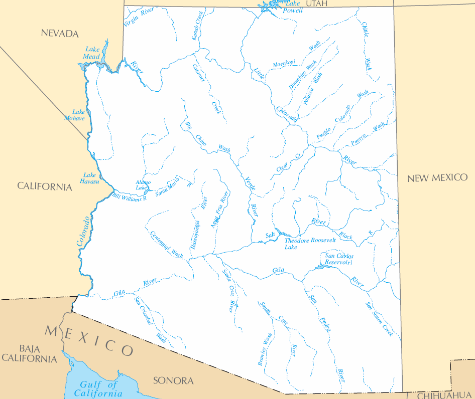 Carte rivières et lacs Arizona