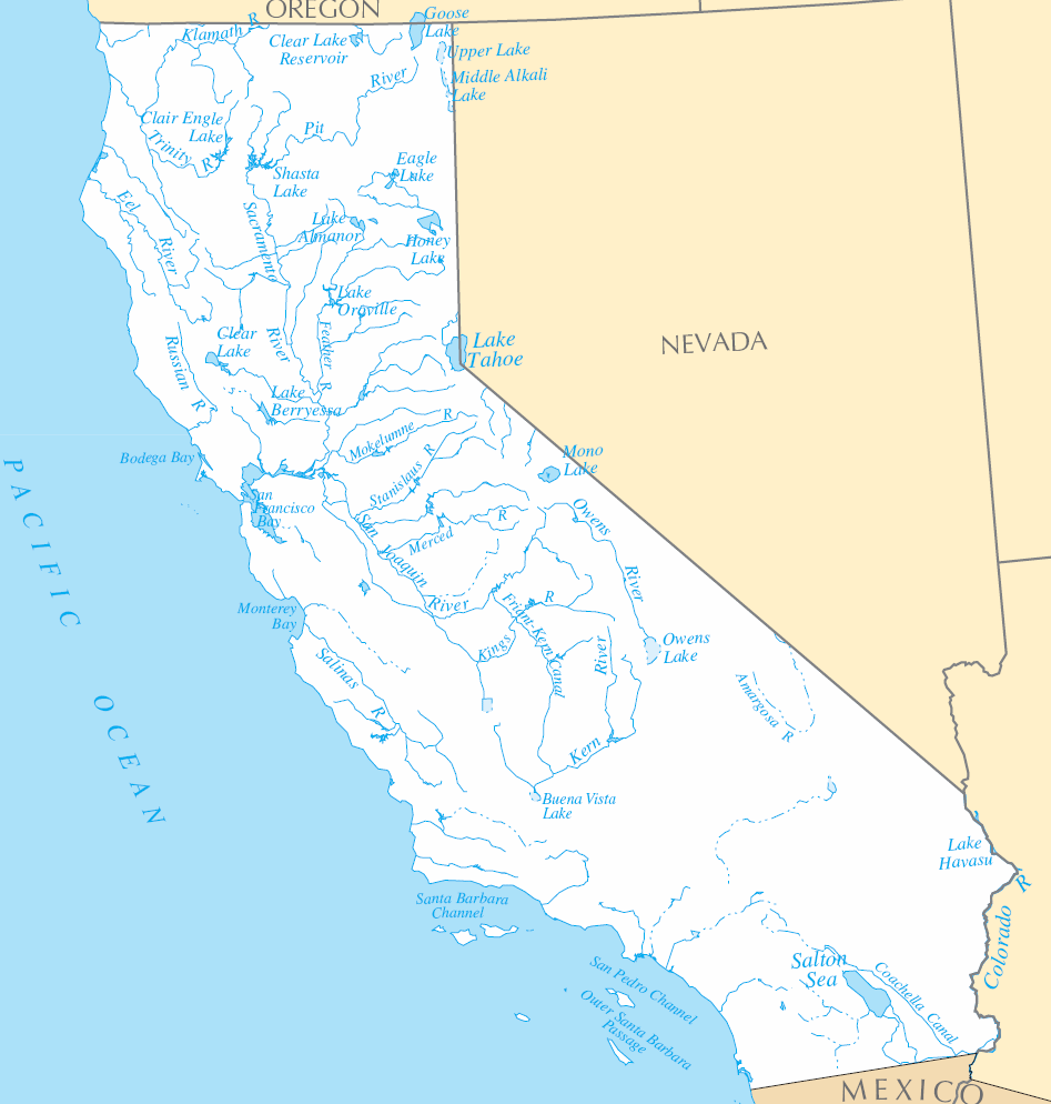 Carte des rivières et des lacs Californie