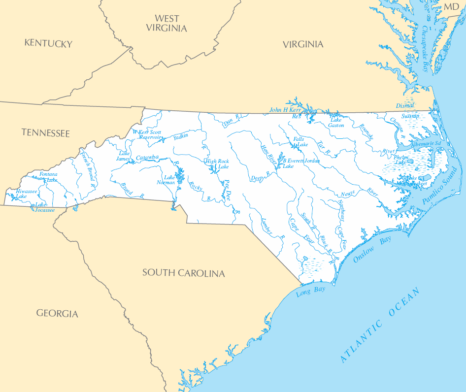 Carte rivières et lacs Caroline du Nord