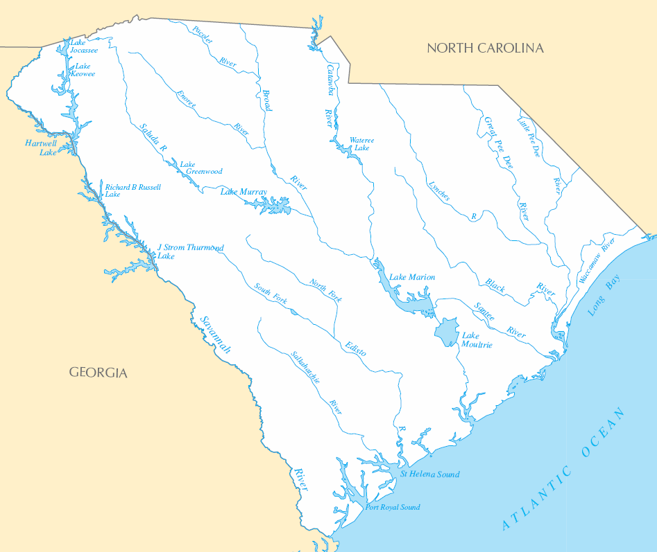 Carte rivières et lacs Caroline du Sud