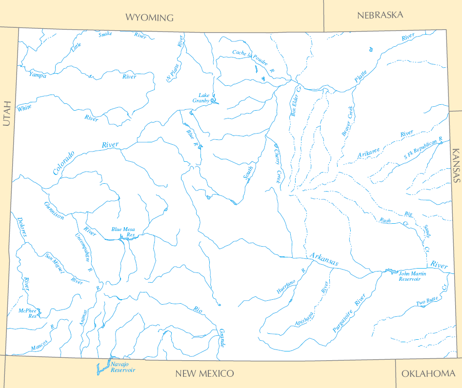 Carte rivières et lacs Colorado