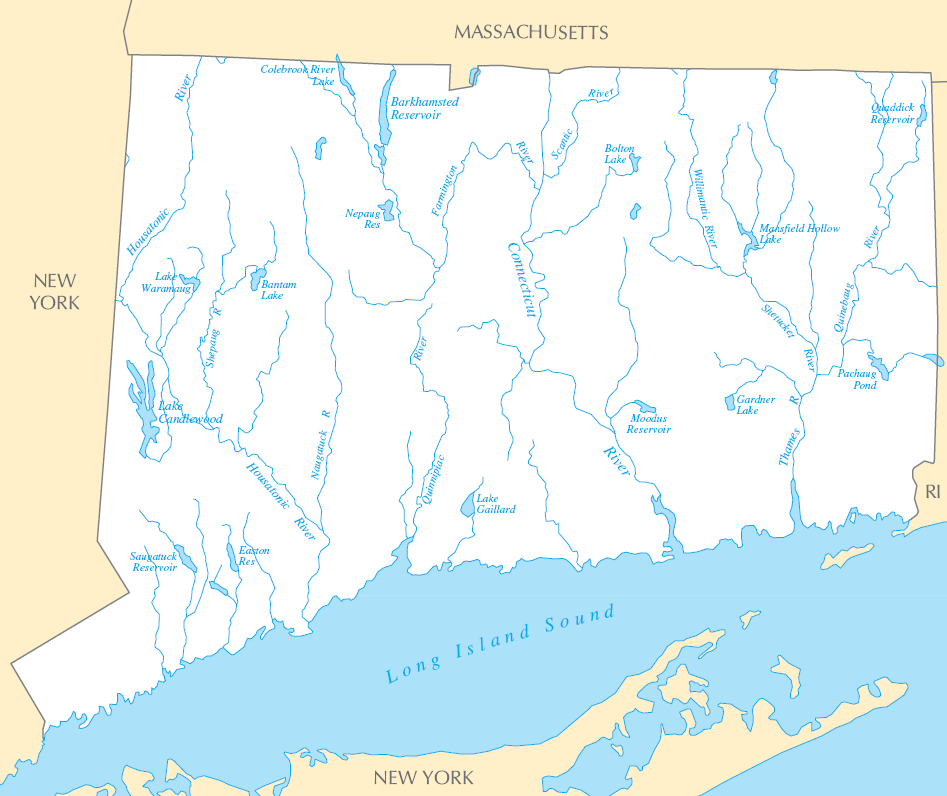 Carte rivières et lacs Connecticut