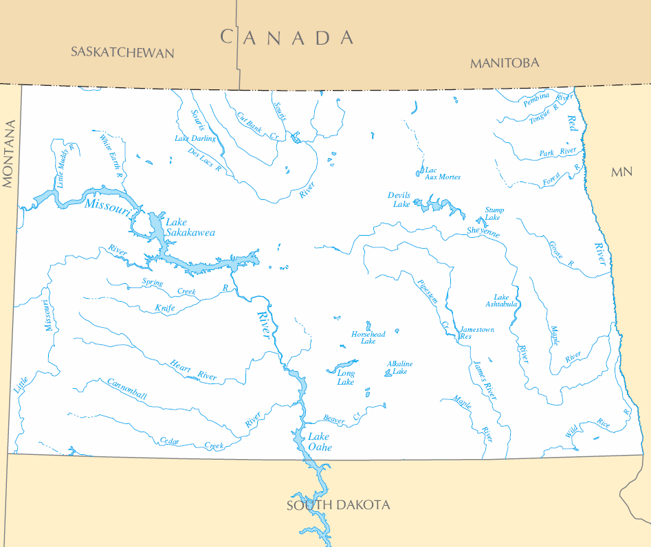 Carte rivières et lacs Dakota du Nord