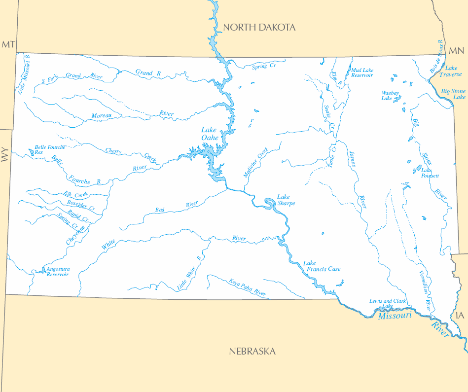 Carte rivières et lacs Dakota du Sud