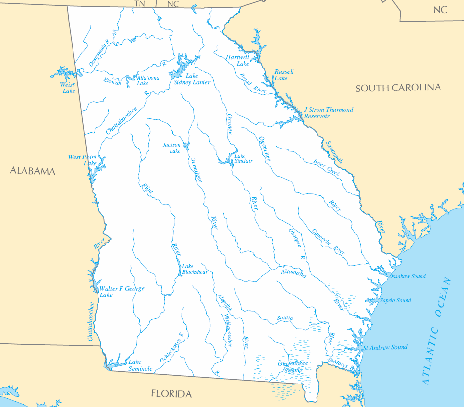Carte rivières et lacs Georgie