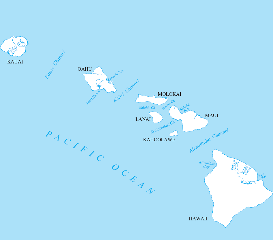 Carte rivières et lacs Hawaii
