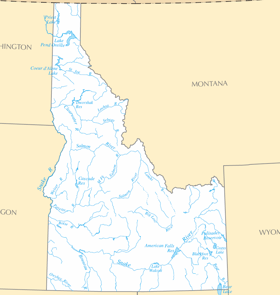 Carte rivières et lacs Idaho
