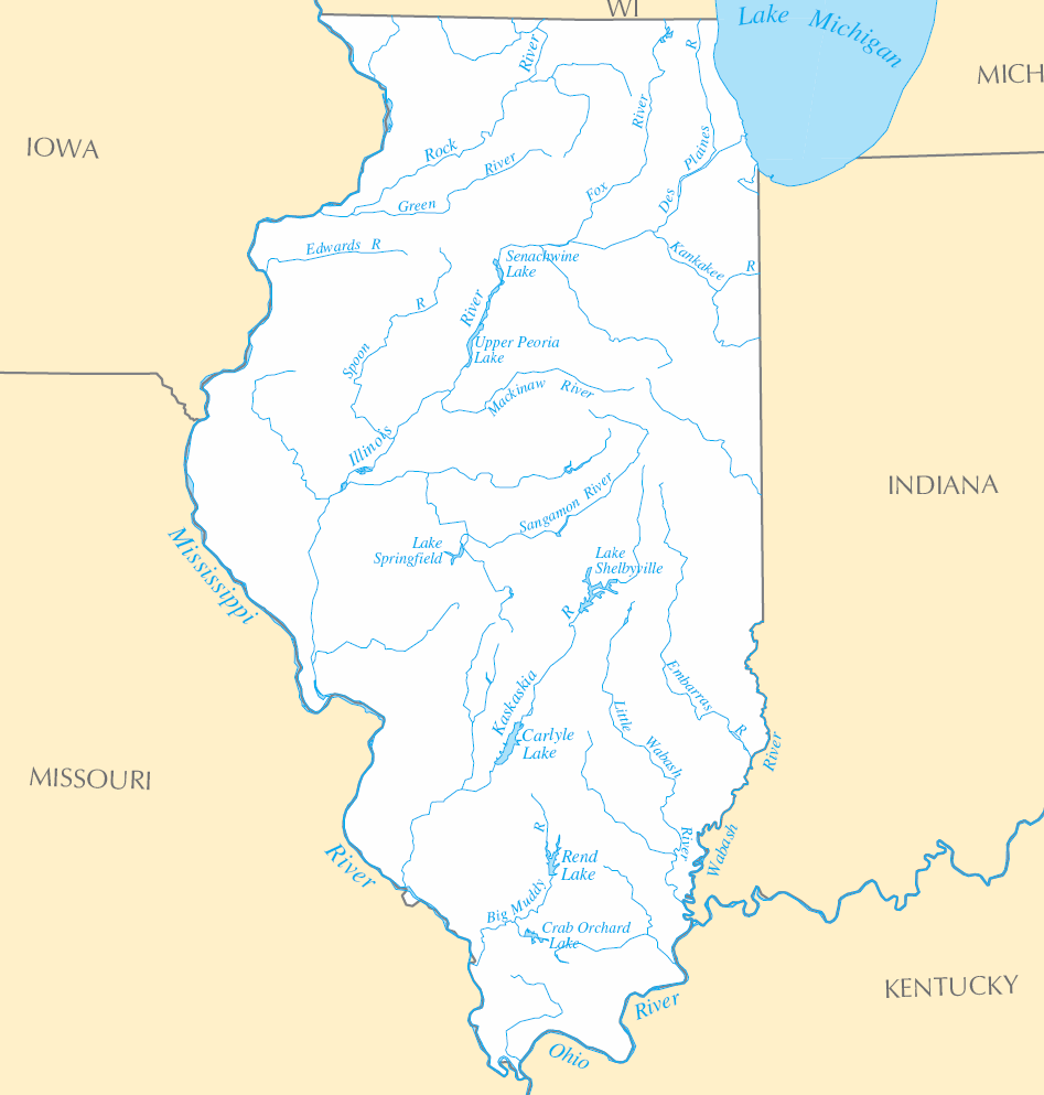 Carte rivières et lacs Illinois