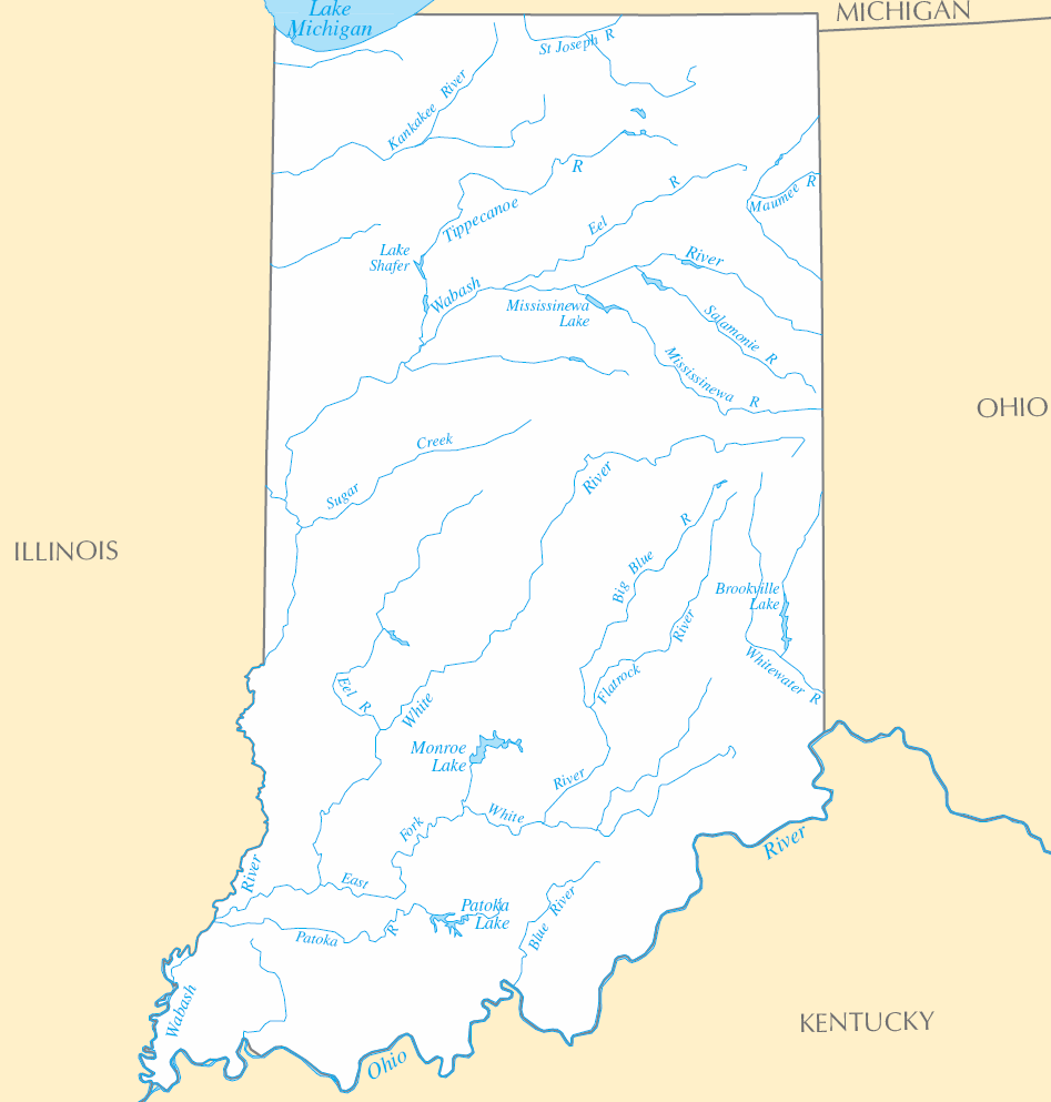 Carte rivières et lacs Indiana