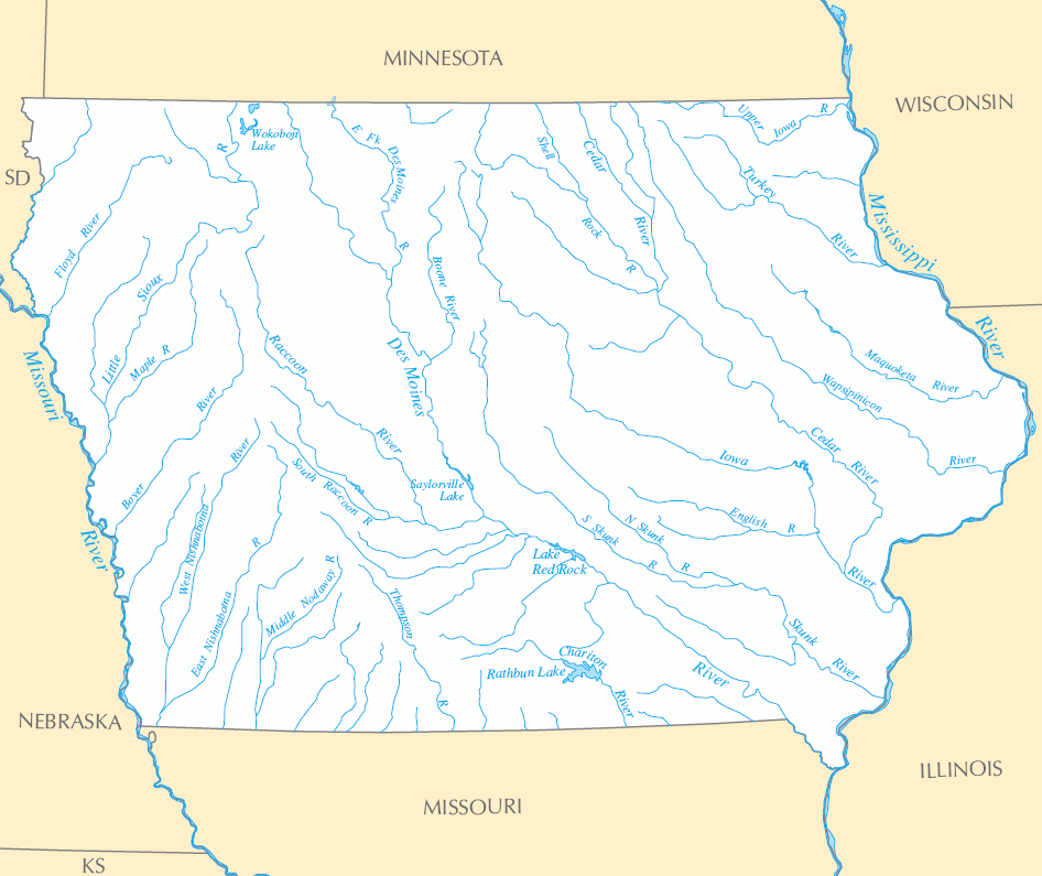 Carte rivières et lacs Iowa