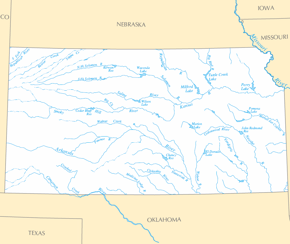 Carte rivières et lacs Kansas