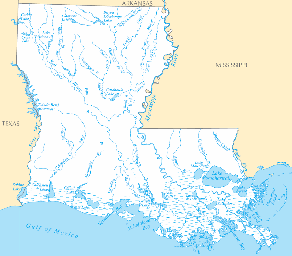 Carte rivières et lacs Louisiane