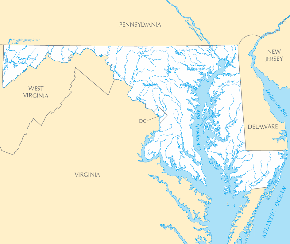 Carte rivières et lacs Maryland