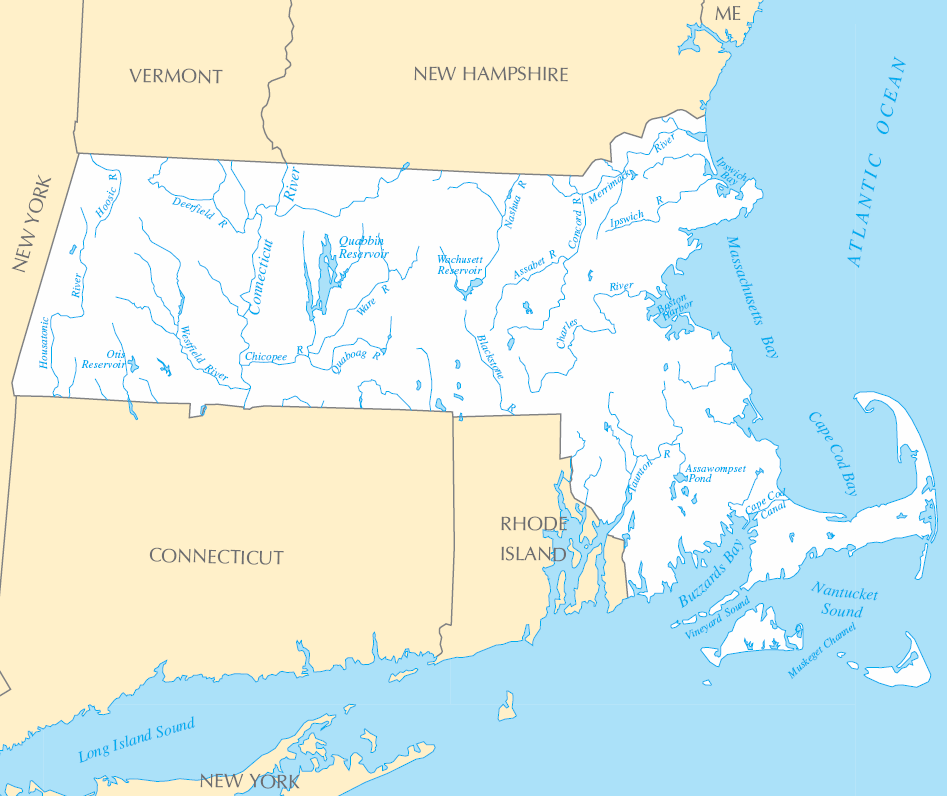 Carte rivières et lacs Massachusetts