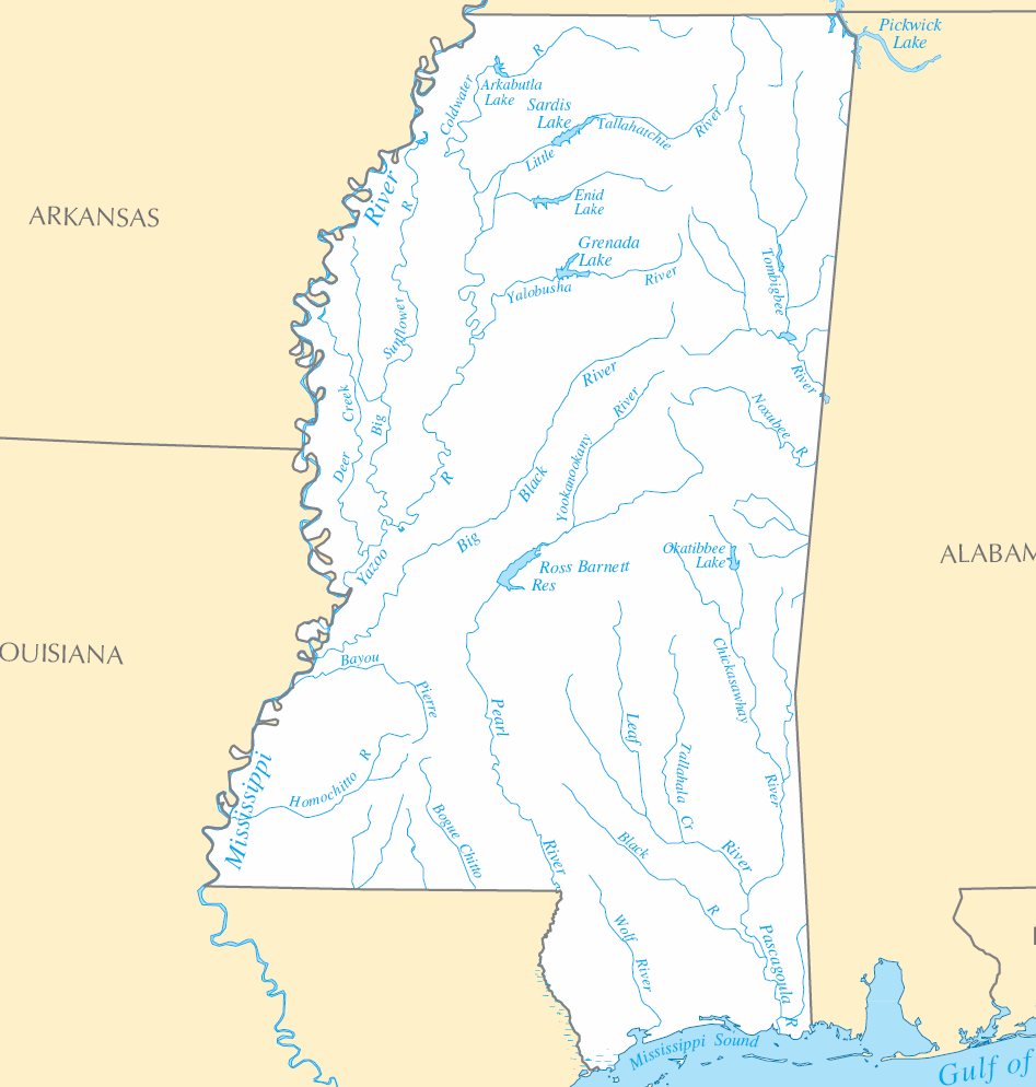 Carte rivières et lacs Mississippi