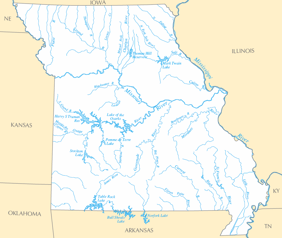 Carte rivières et lacs Missouri