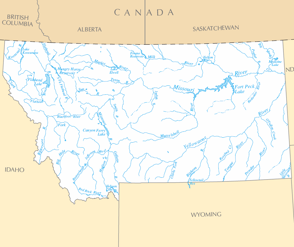 Carte rivières et lacs Montana