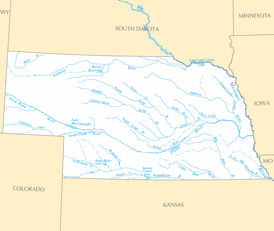 Carte rivières et lacs Nebraska