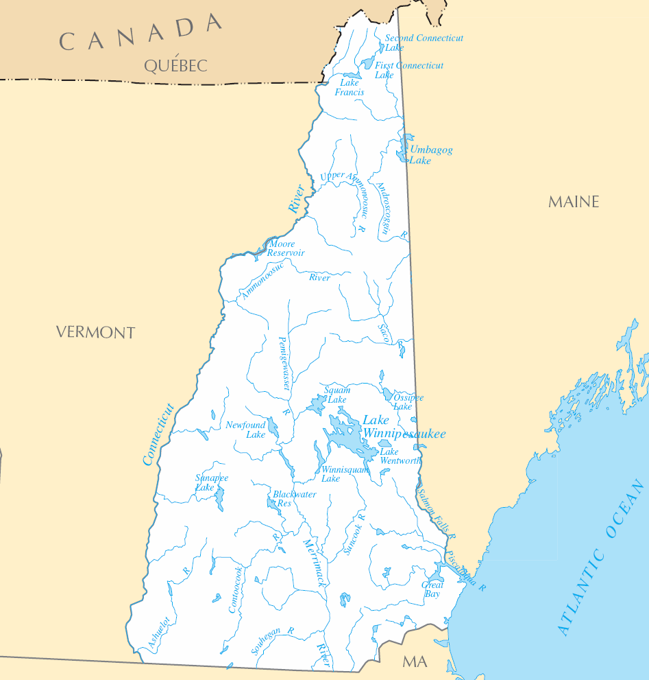 Carte rivières et lacs New Hampshire