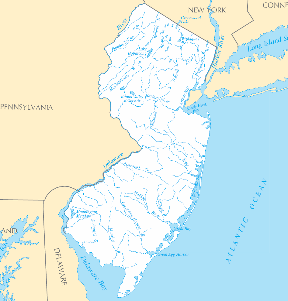 Carte rivières et lacs New Jersey